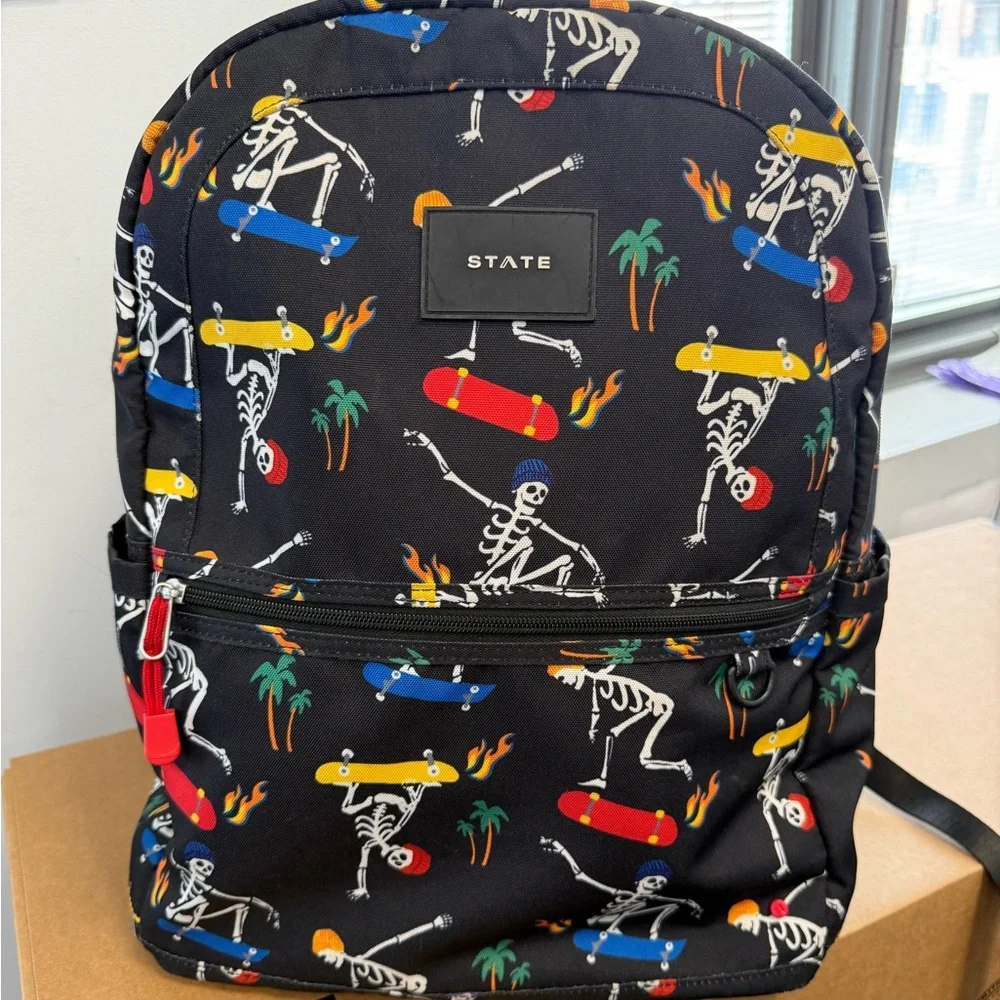 STATE Kids Backpack in Black with Multi-Color Skateboard Skeleton Print